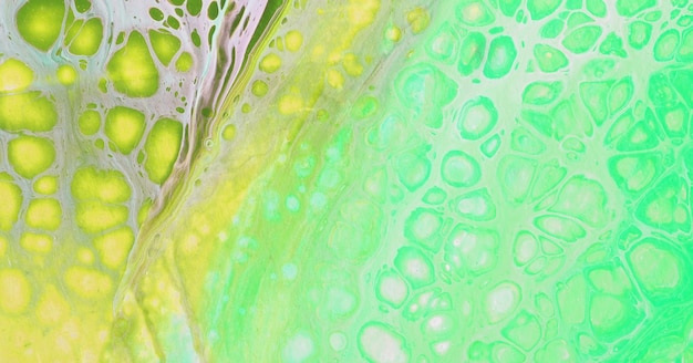 A green and yellow abstract painting with a green background and the word green on it.