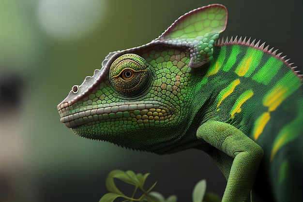 A green and yellow chameleon sits on a branch.