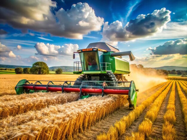 Photo a green and yellow combine is on a wheat field