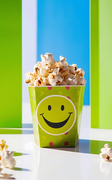 Photo a green and yellow cup with popcorn on it and a smiley face on the side