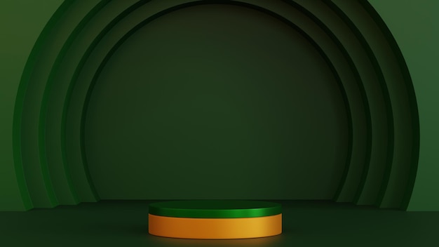 Green and yellow cylinder podium with green circle niche wall stage for product 3D rendering