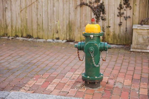 A green and yellow fire hydrant with a yellow cap on it.