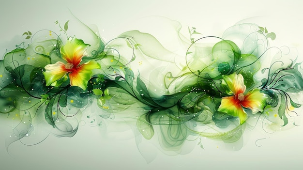 Green and Yellow Flowers Painting on White Background