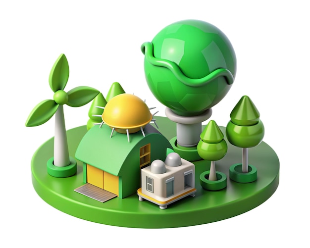 a green and yellow model of a green planet with a green globe and a tree on it