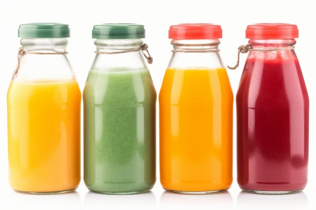 Green yellow orange and red smoothie in glass bottles isolated on white background top view