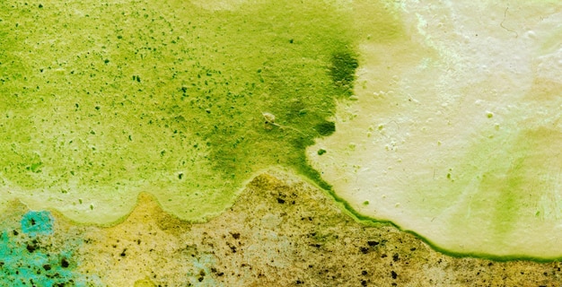 A green and yellow painting of a green liquid with the word green on it.