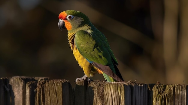 A green and yellow parrot is sitting on a fence.