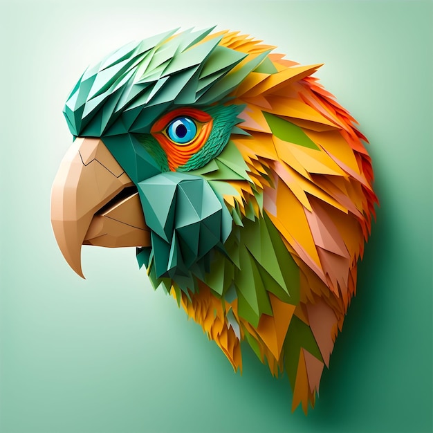 Green Yellow Parrot Papercut Generative AI Paper Style Bird Head Polygonal Art