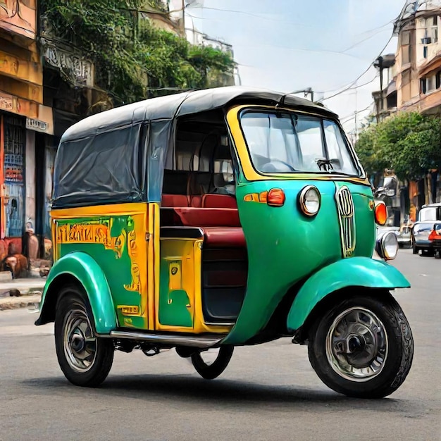 a green and yellow vehicle with the word geico on the side