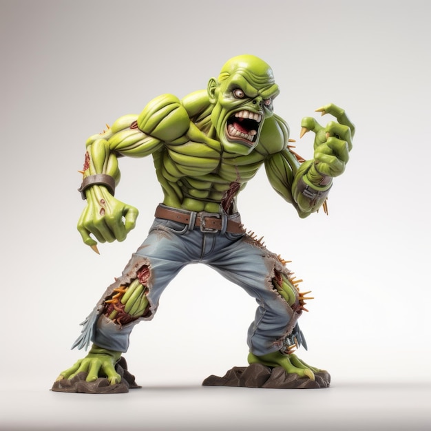 Photo green zombie action figure with vray tracing and comic book art style