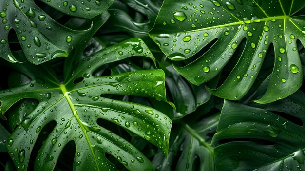 Greenery and leaves of monstera with raindrops light background