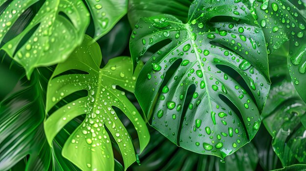 Greenery and leaves of monstera with raindrops light background