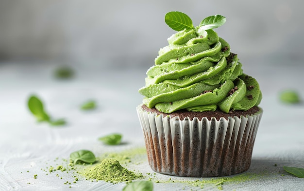 Photo a greenfrosted cupcake with a mint sprig garnish isolated on a white background