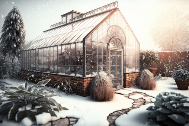 Greenhouse covered in snow during winter Generative AI