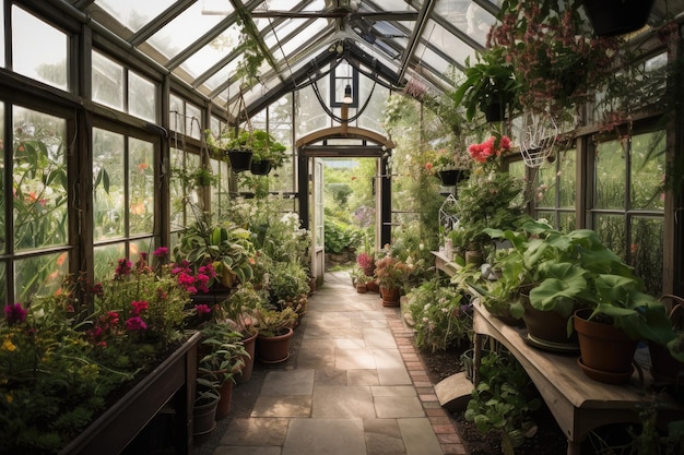 Greenhouse filled with exotic plants and flowers bringing beauty to garden