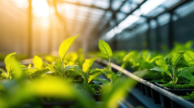 Photo greenhouse filled with young plants basking in sunlight promoting growth and sustainability