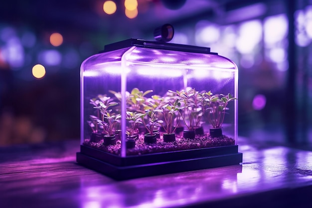 The greenhouse is filled with seed starters and is lit up with purple light with Generative AI