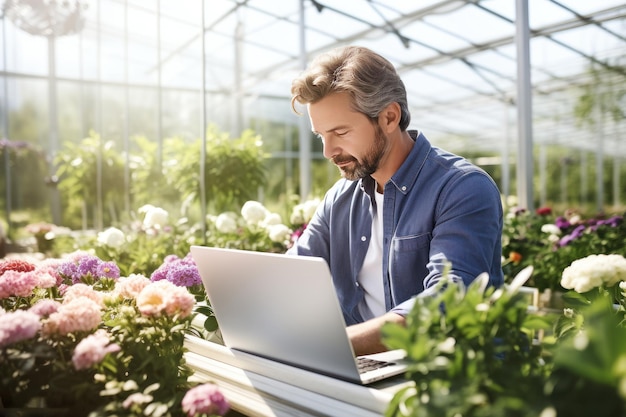 Greenhouse owner examining flowers and using laptop and touch pad at work AI generated