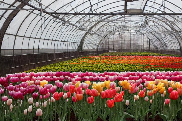 Greenhouse planted with multicolored tulip flower for spring holiday