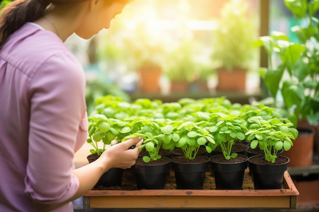 Greenhouse seedlings growth female agricultural engineer using tablet