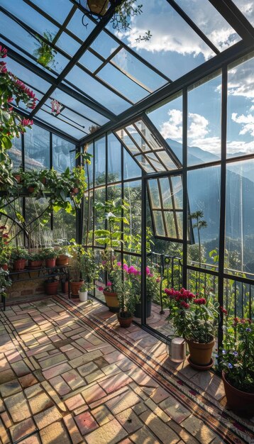 Greenhouse Terrace Overlooking Mountain Range with Thriving Plants and Scenic Views