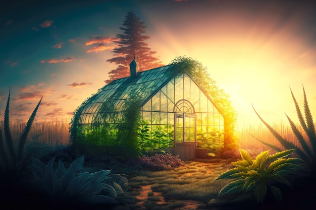 Greenhouse with cannabis in garden at sunset or sunrise