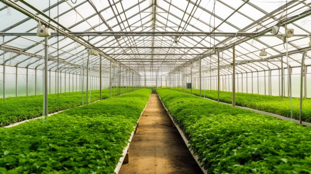 A greenhouse with a green roof and a walkway leading to the right.