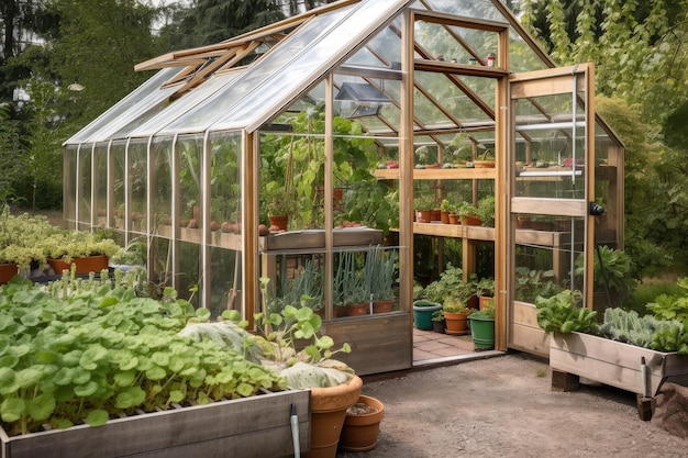 Greenhouse with herbs and veggies growing inside