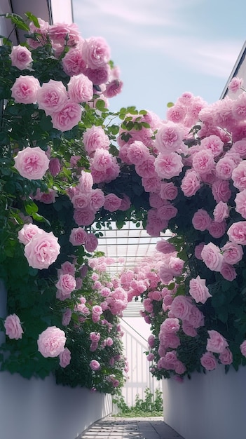 A greenhouse with roses on the top and a row of roses on the bottom.