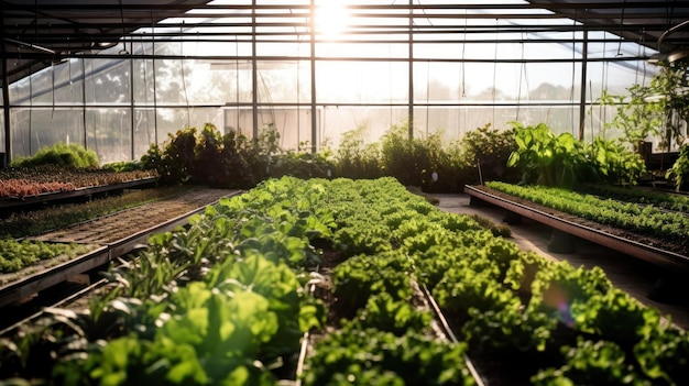 A greenhouse with a row of lettuce in the middle.