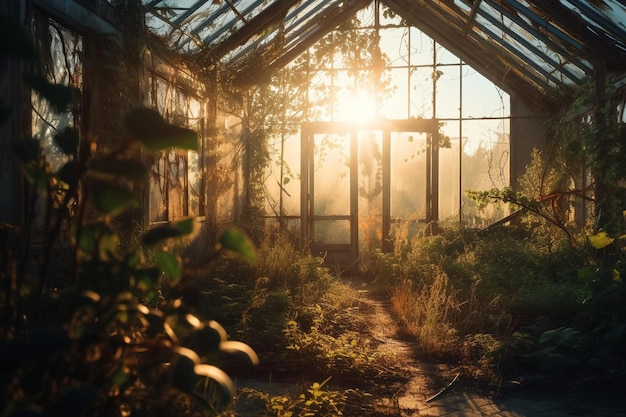 A greenhouse with the sun shining through the windows