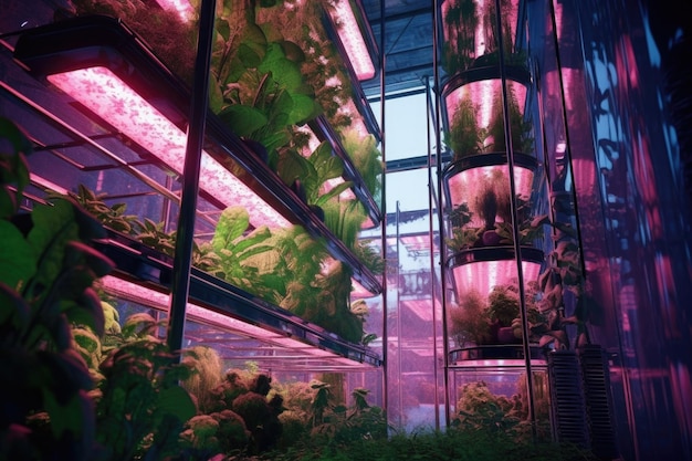 Greenhouse with vertical farming and led lights created with generative ai