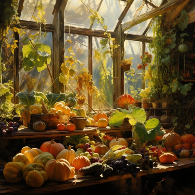 greenhouse with wit fruit and autumn vegetables fine oil painting style