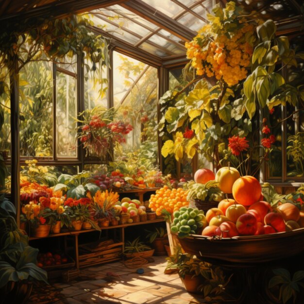 greenhouse with wit fruit and autumn vegetables fine oil painting style