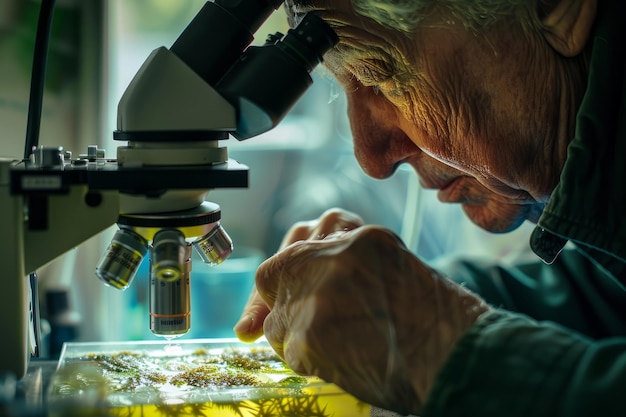 A Greenpeace biologist studying plants through a microscope focusing on the base of oMWPl