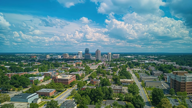 Photo greensboro city aerial view under blue cloudy sky on sunny summer day skyscrapers and buildings