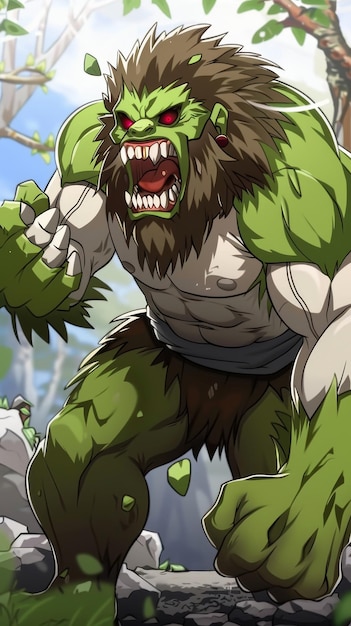 A GreenSkinned LionLike Creature with Fangs and a Beard Roaring in a Jungle Setting