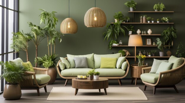 Photo greenthemed living room with plant decor