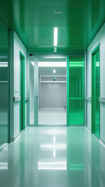 Photo greentiled corridor with glass doors leading to another room