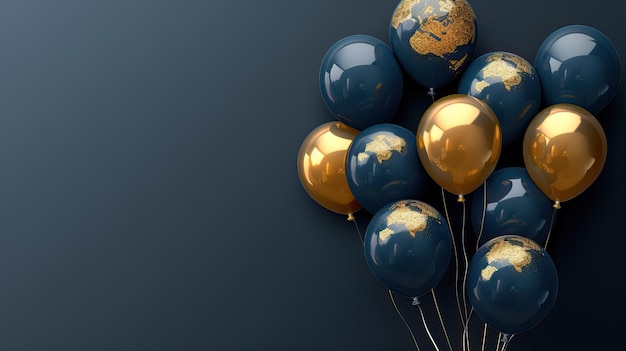 Greeting card canvas with 3D balloons in dark blue and gold