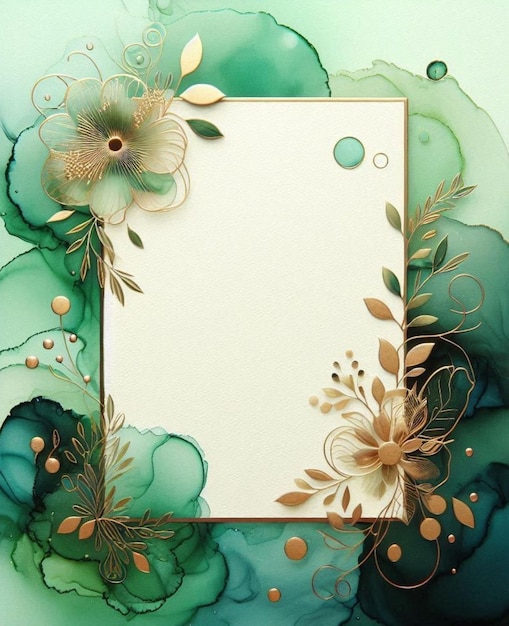 Greeting card design with a green gradient background and floral frame in alcohol ink painting style