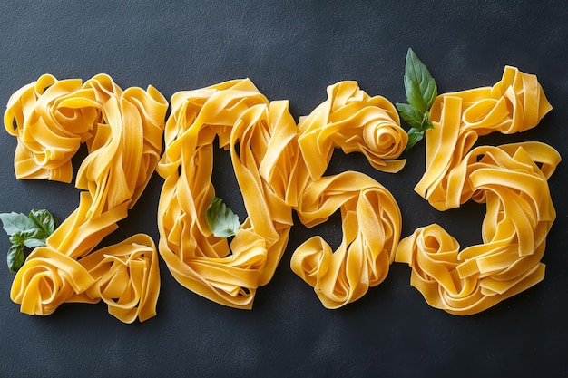 Photo greeting card for new year 2025 banner celebrating spaghetti poster wishing pasta a happy new year