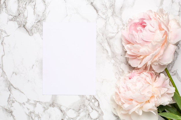 Greeting card and pink flowers peony on a on a marble surface. Holiday and summer item.