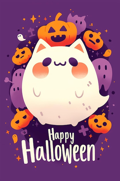 Greeting card with cute cartoon ghost cats on and Happy Halloween lettering text