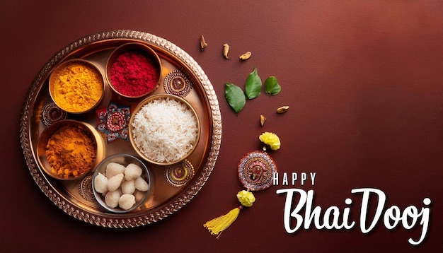 Greeting card with puja thali tray and traditional sweets laddu for Bhai Dooj Poster Design