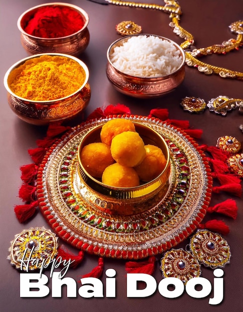 Greeting card with puja thali tray and traditional sweets laddu for Bhai Dooj Poster Design