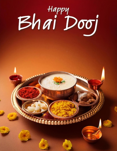 Greeting card with puja thali tray and traditional sweets laddu for Bhai Dooj Poster Design