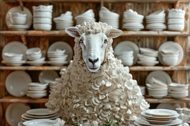 Greeting card with for restaurant or food brand Sheep made of plates