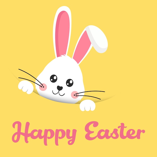 Photo greeting card with white easter rabbit funny bunny in flat style easter bunny happy easter lettering card with cute rabbit children vector illustration