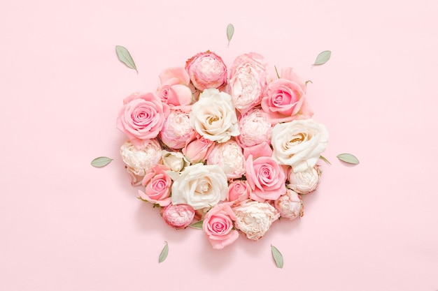 Greeting flower composition Assorted roses on pink background Minimal leaves layout